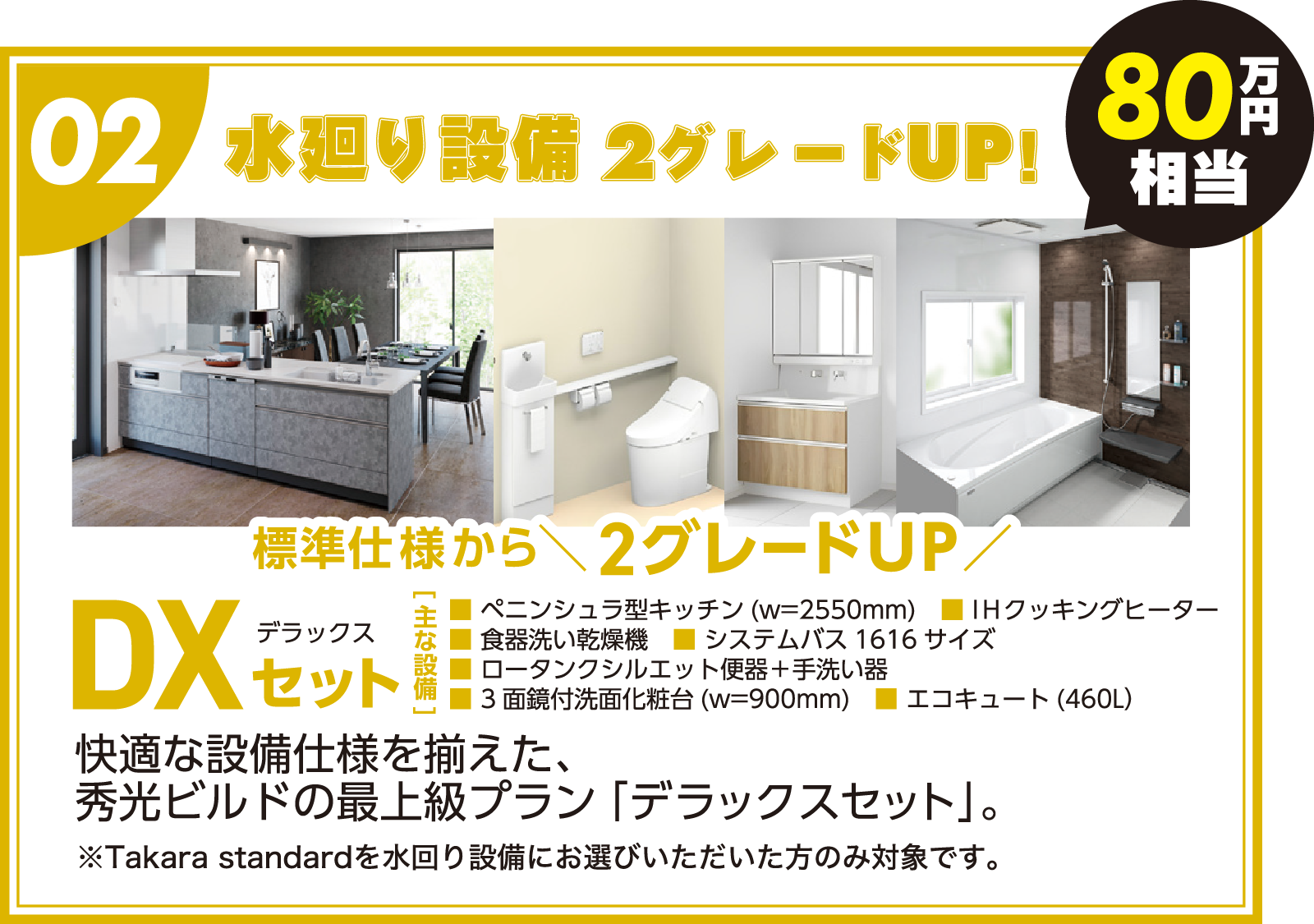 02:水廻り設計2グレードUP!「80万円相当」(標準仕様から2グレードUP|DXセット:ペニンシュラ型キッチン(W=2550mm)/IHクッキングヒーター/食器洗い乾燥機/システムバス1616サイズ/ロータンクシルエット便器+手洗い器/3面鏡付洗面化粧台(W=900mm)/エコキュート(460L))快適な設備仕様を揃えた、秀光ビルドの最上級プラン「デラックスセット」。(※Takara standardを水廻り設備にお選びいただいた方のみ対象です。) 02:水廻り設計2グレードUP!「80万円相当」(標準仕様から2グレードUP|DXセット:ペニンシュラ型キッチン(W=2550mm)/IHクッキングヒーター/食器洗い乾燥機/システムバス1616サイズ/ロータンクシルエット便器+手洗い器/3面鏡付洗面化粧台(W=900mm)/エコキュート(460L))快適な設備仕様を揃えた、秀光ビルドの最上級プラン「デラックスセット」。(※Takara standardを水廻り設備にお選びいただいた方のみ対象です。)