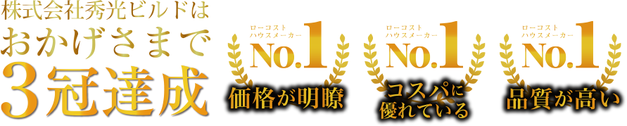 秀光ビルドはおかげさまで3冠達成！全回答者1,414人が選ぶローコストハウスメーカーNo.1「価格が明瞭」、注文住宅購入者が選ぶローコストハウスメーカーNo.1「コスパに優れている」、子育て世代が選ぶローコストハウスメーカーNo.1「品質が高い」