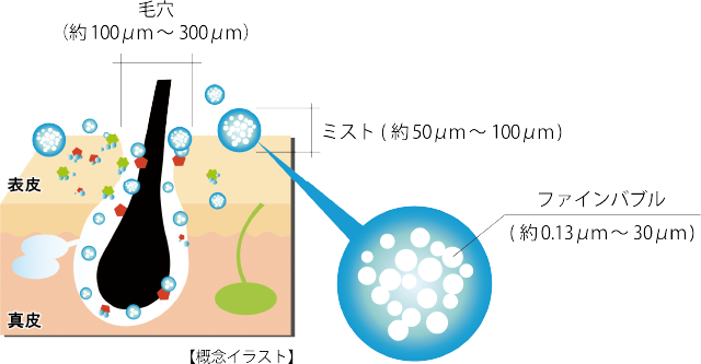 ウルトラファインバブルを含めミスト水流には1cc(1㎤の小さなサイコロ)中に約2000万個以上の気泡が含まれます。